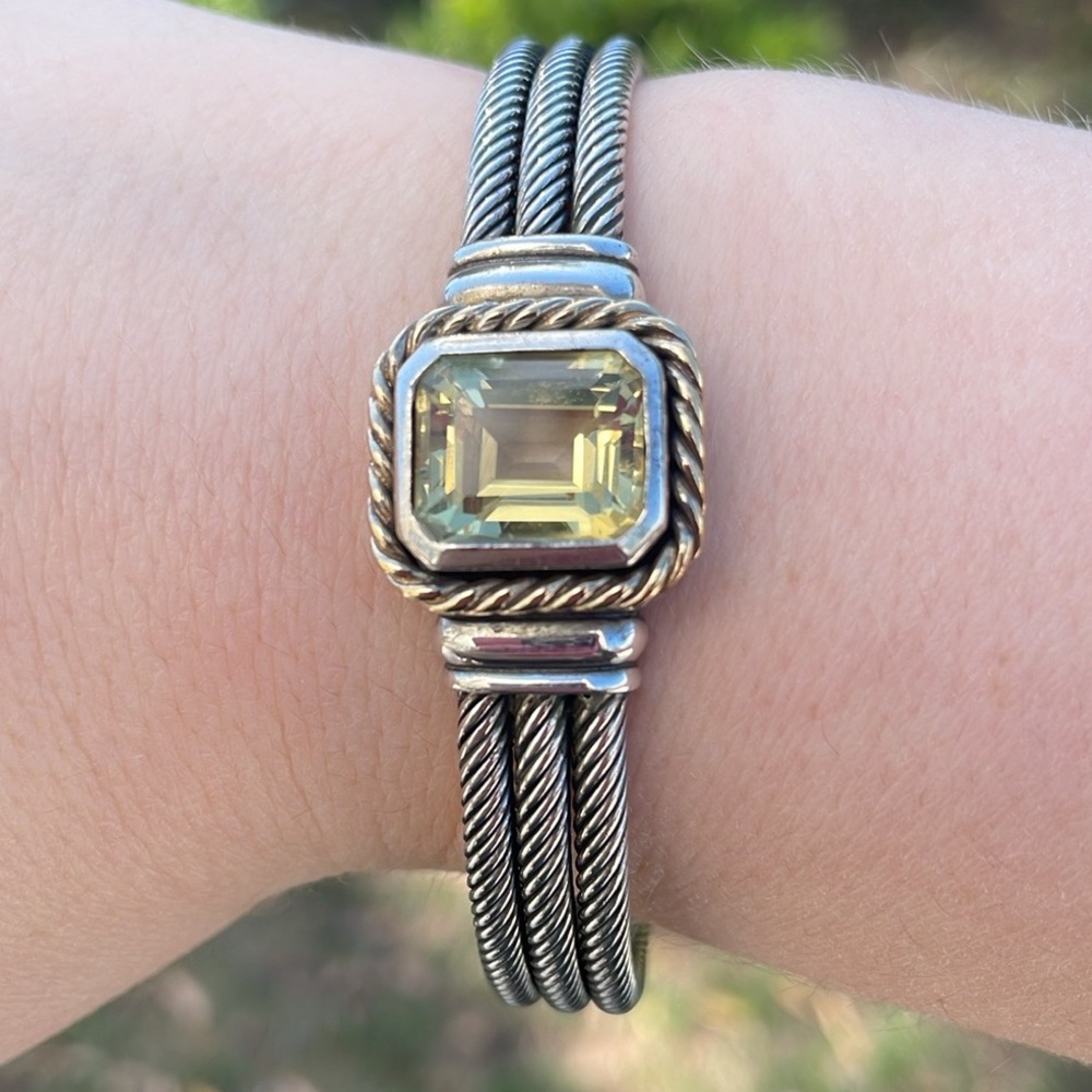Green/Yellow Stone and 925 Silver with 14K Gold Cuff Bracelet